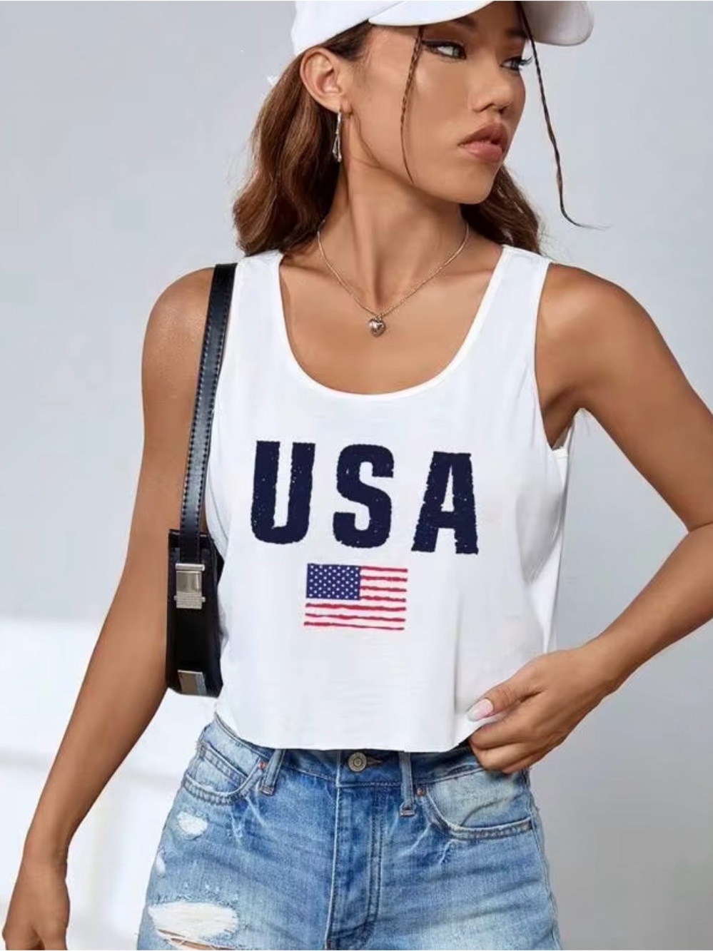 USA Flag White Crop Tank Top